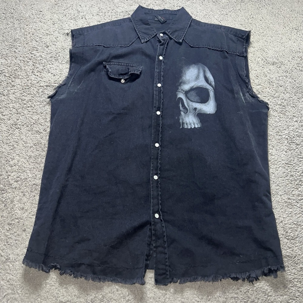 SPIRAL DIRECT Sleeveless Worker Shirt SKULL SCROLL  2XL Cotton Goth Biker Snap - Picture 3 of 6